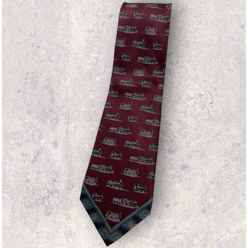 GIANFRANCO FERRE Silk Tie ITALY Burgundy Gray Black Old Train W:3.5" EUC